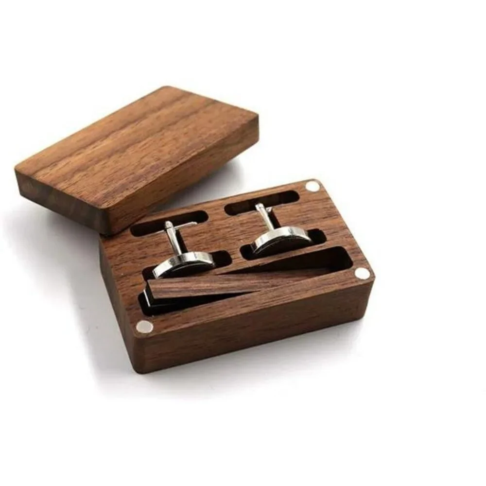 Mens Walnut Wood Cufflinks Tie Clip Set Stainless Steel Gift Box Wedding